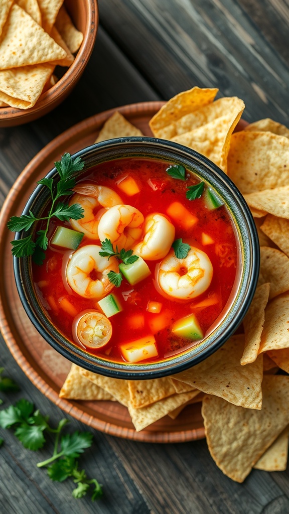 Chilled shrimp gazpacho in a bowl with diced vegetables and shrimp, garnished with herbs, served with tortilla chips.
